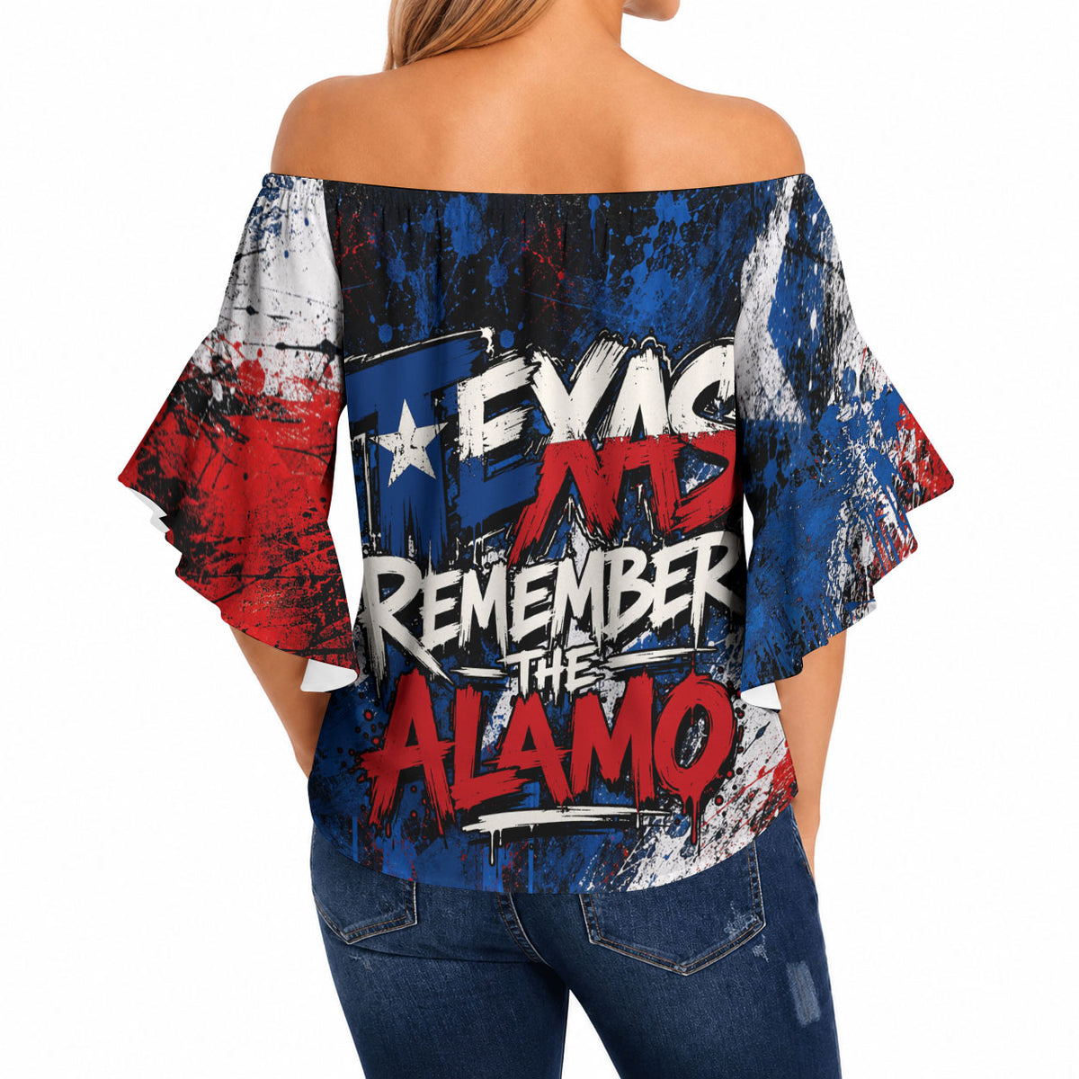 Texas Remember The Alamo Off Shoulder Wrap Waist Top Distressed Splatter Paint Texan Pride