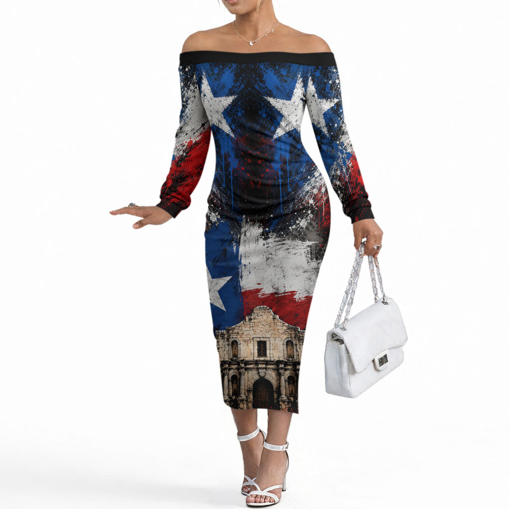 Texas Remember The Alamo Off The Shoulder Long Sleeve Dress Distressed Splatter Paint Texan Pride