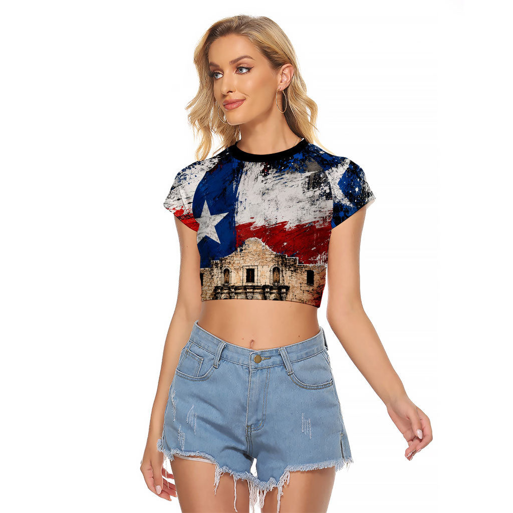 Texas Remember The Alamo Raglan Cropped T Shirt Distressed Splatter Paint Texan Pride