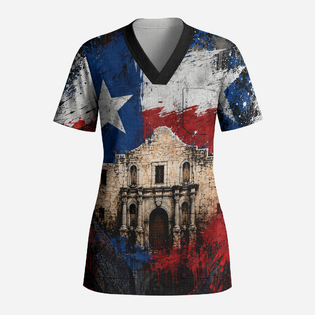 Texas Remember The Alamo Scrub Top Distressed Splatter Paint Texan Pride