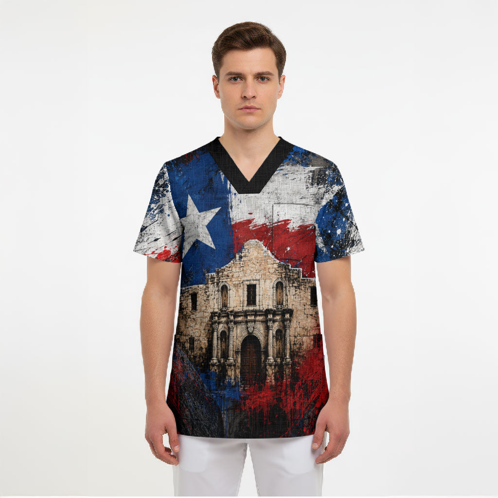 Texas Remember The Alamo Scrub Top Distressed Splatter Paint Texan Pride