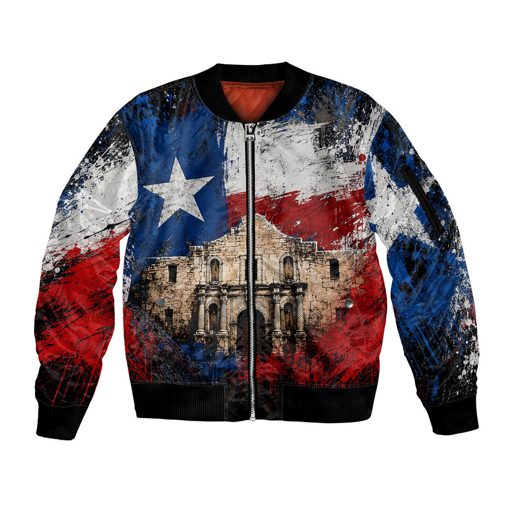 Texas Remember The Alamo Sleeve Zip Bomber Jacket Distressed Splatter Paint Texan Pride