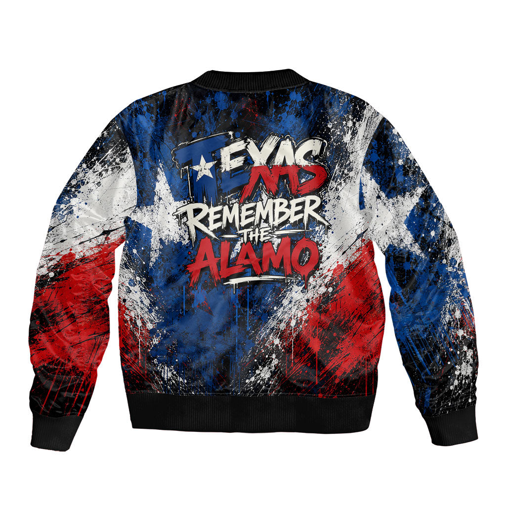 Texas Remember The Alamo Sleeve Zip Bomber Jacket Distressed Splatter Paint Texan Pride