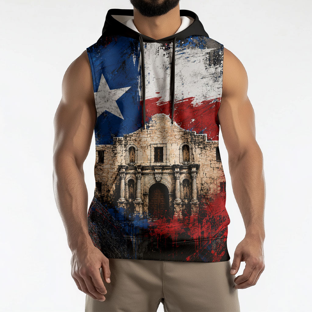 Texas Remember The Alamo Sleeveless Hoodie Distressed Splatter Paint Texan Pride