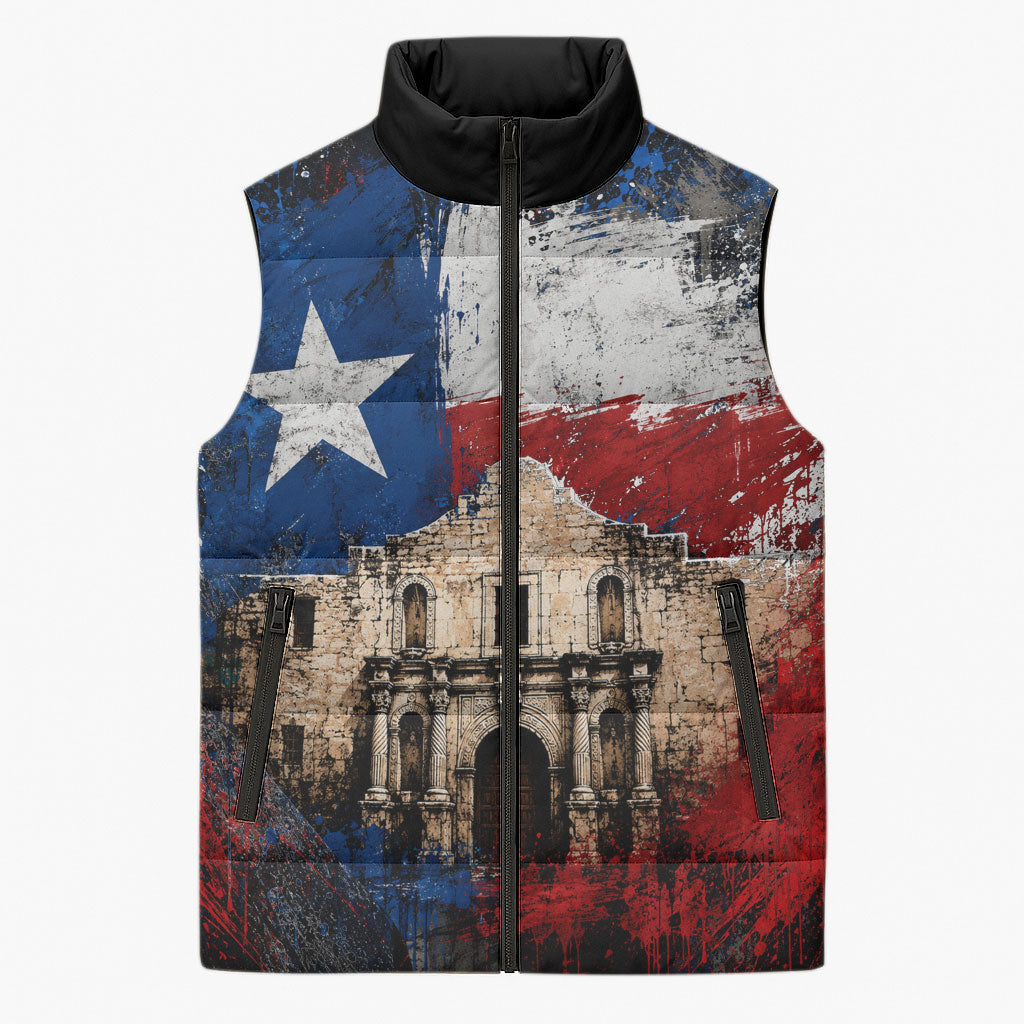 Texas Remember The Alamo Sleeveless Puffer Jacket Distressed Splatter Paint Texan Pride