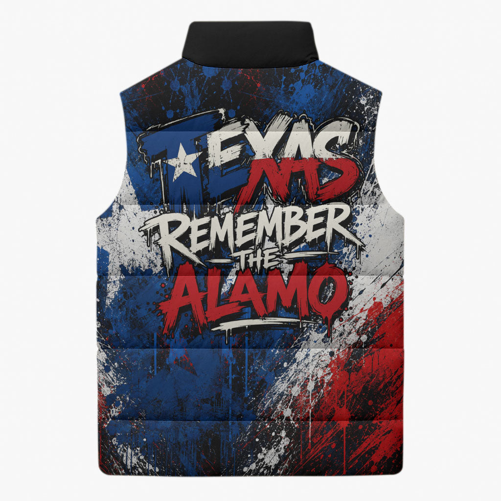 Texas Remember The Alamo Sleeveless Puffer Jacket Distressed Splatter Paint Texan Pride