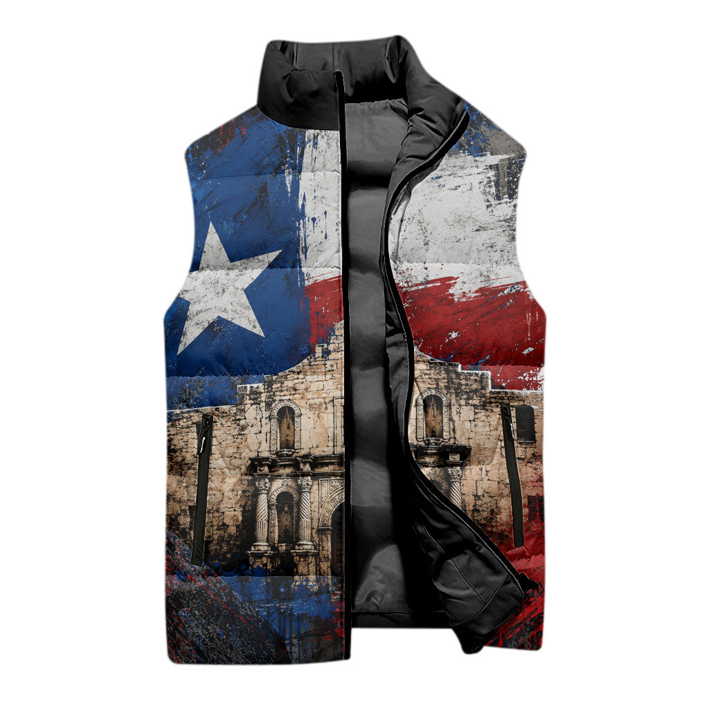 Texas Remember The Alamo Sleeveless Puffer Jacket Distressed Splatter Paint Texan Pride