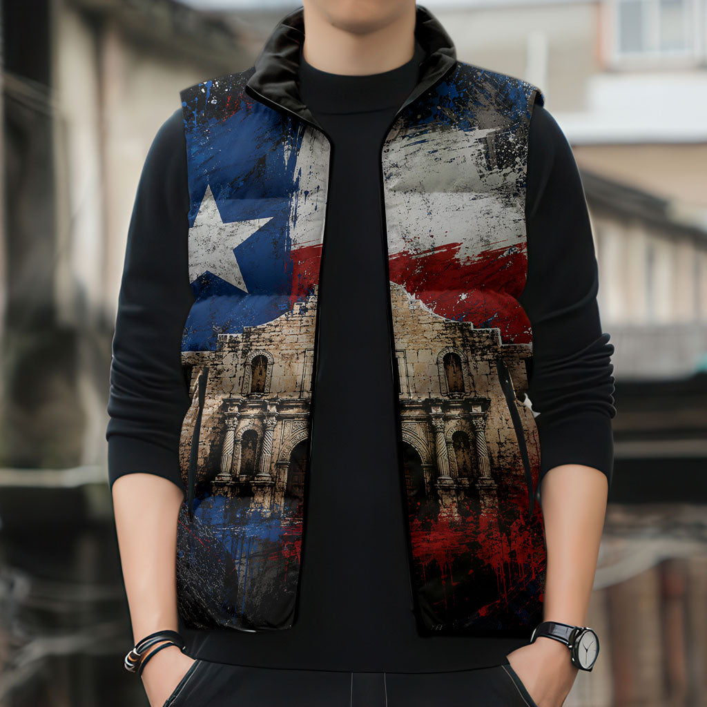 Texas Remember The Alamo Sleeveless Puffer Jacket Distressed Splatter Paint Texan Pride