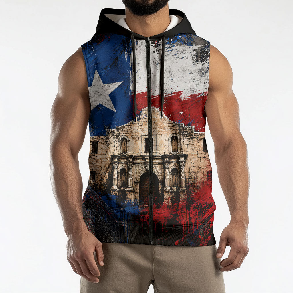 Texas Remember The Alamo Sleeveless Zip Hoodie Distressed Splatter Paint Texan Pride