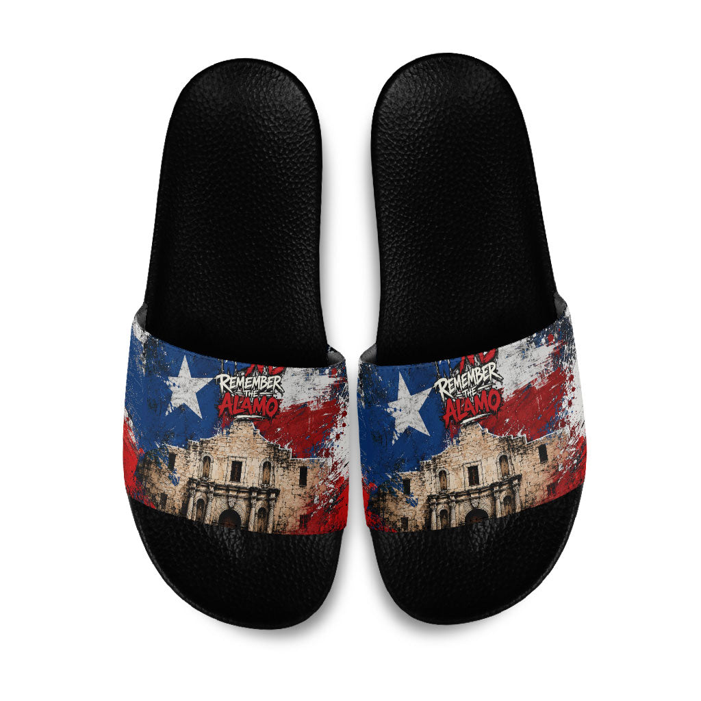 Texas Remember The Alamo Slide Sandals Distressed Splatter Paint Texan Pride