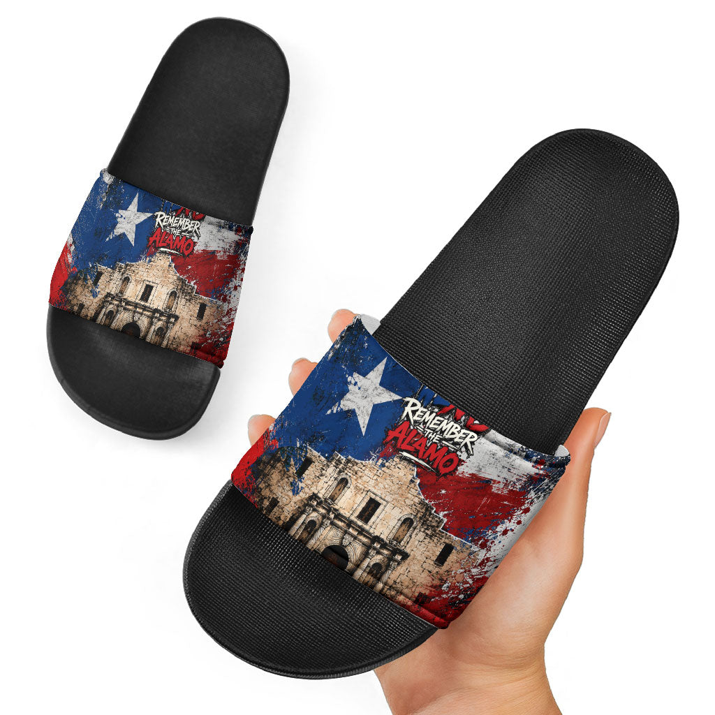 Texas Remember The Alamo Slide Sandals Distressed Splatter Paint Texan Pride