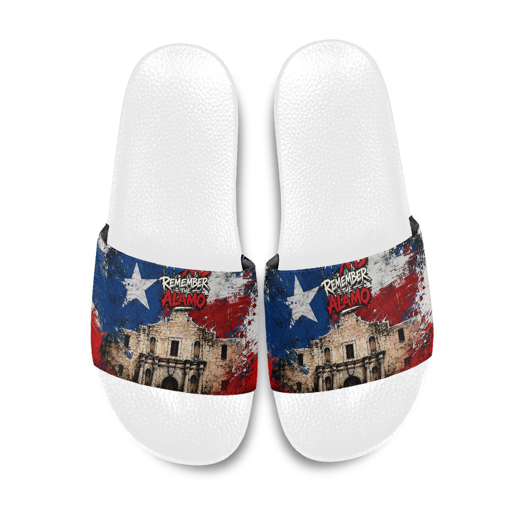 Texas Remember The Alamo Slide Sandals Distressed Splatter Paint Texan Pride