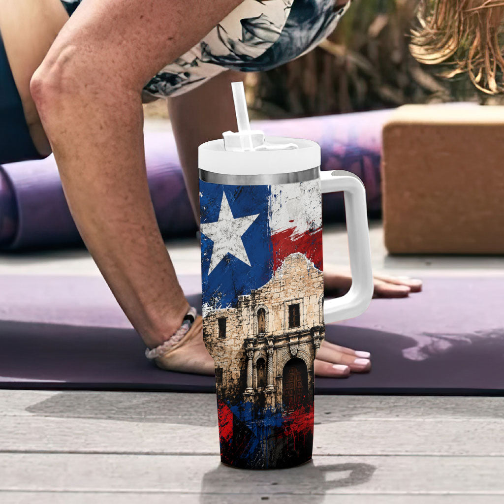Texas Remember The Alamo Tumbler With Handle Distressed Splatter Paint Texan Pride