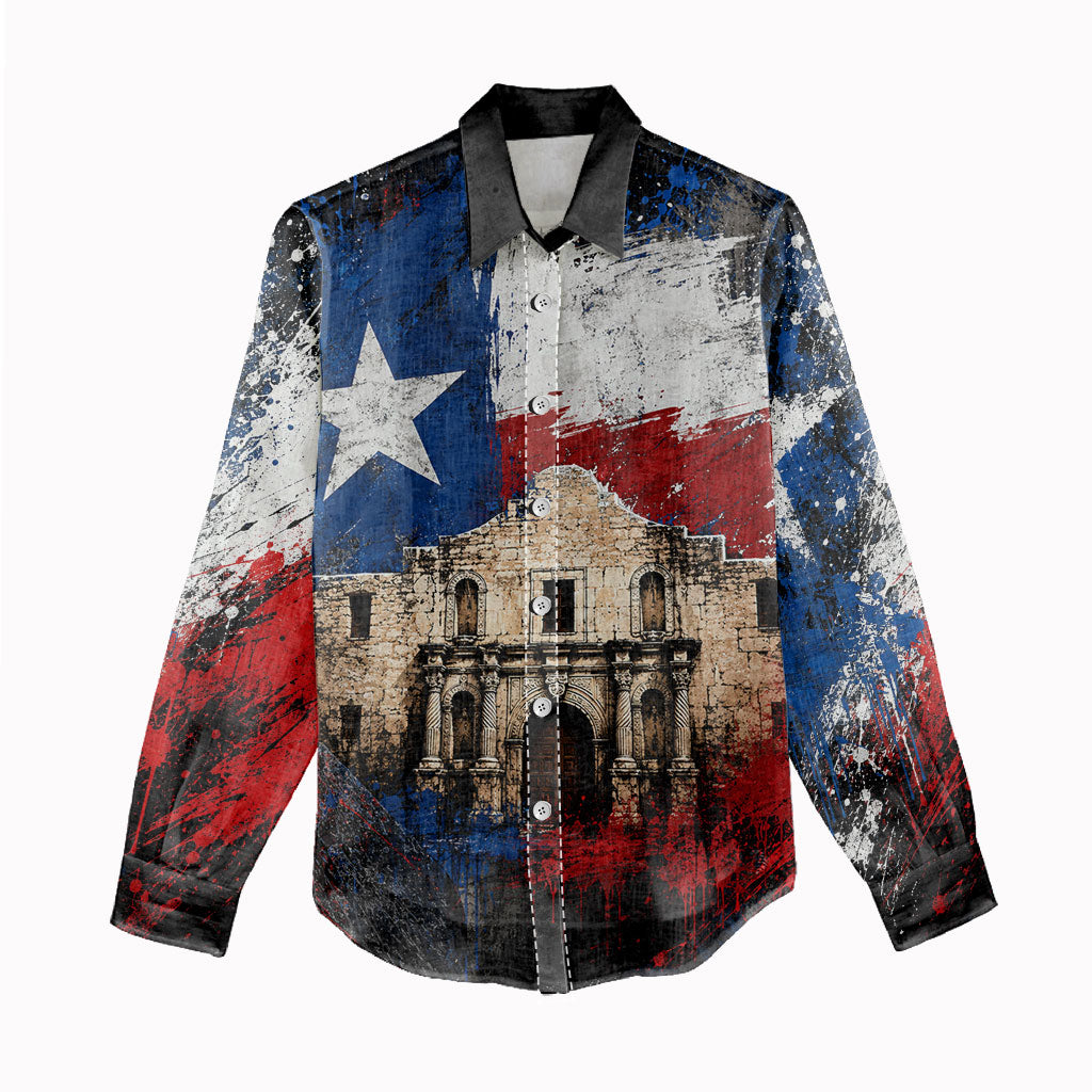 Texas Remember The Alamo Women Casual Shirt Distressed Splatter Paint Texan Pride