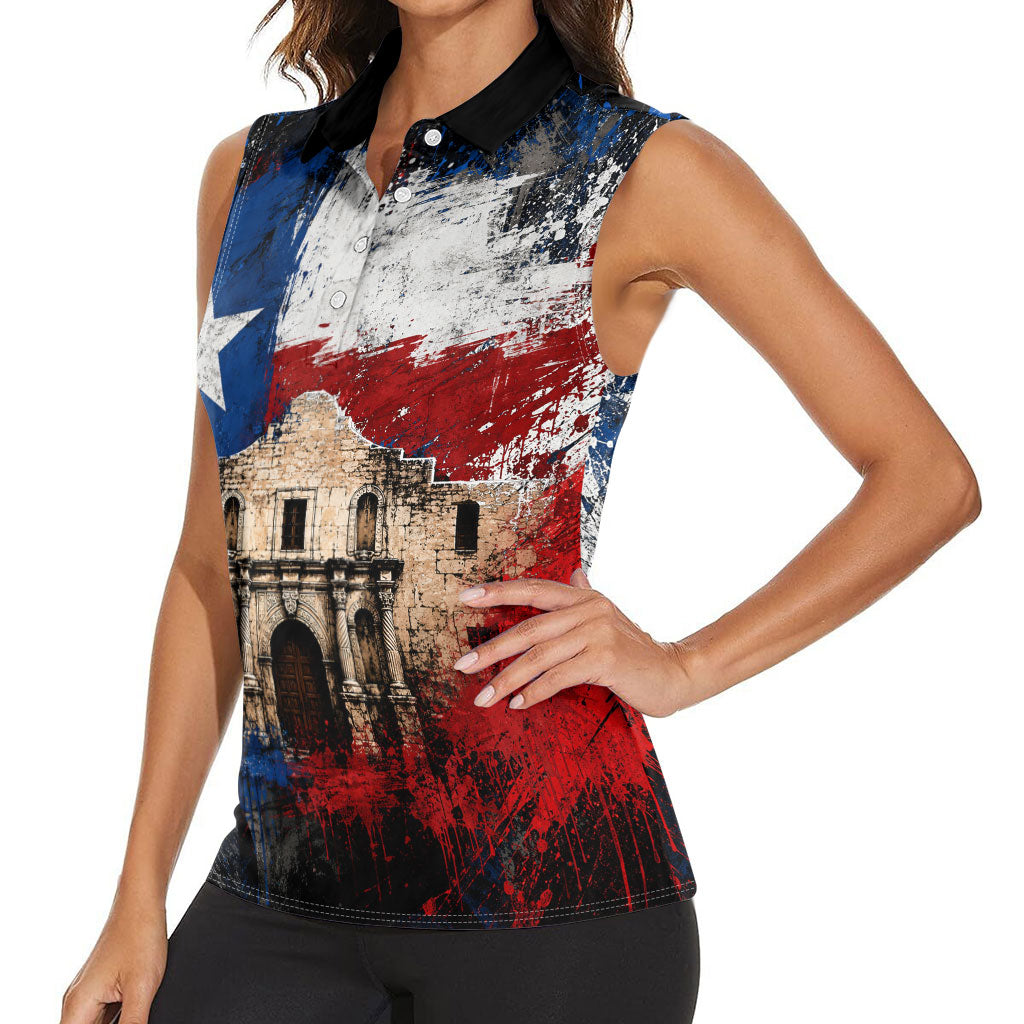 Texas Remember The Alamo Women Sleeveless Polo Shirt Distressed Splatter Paint Texan Pride