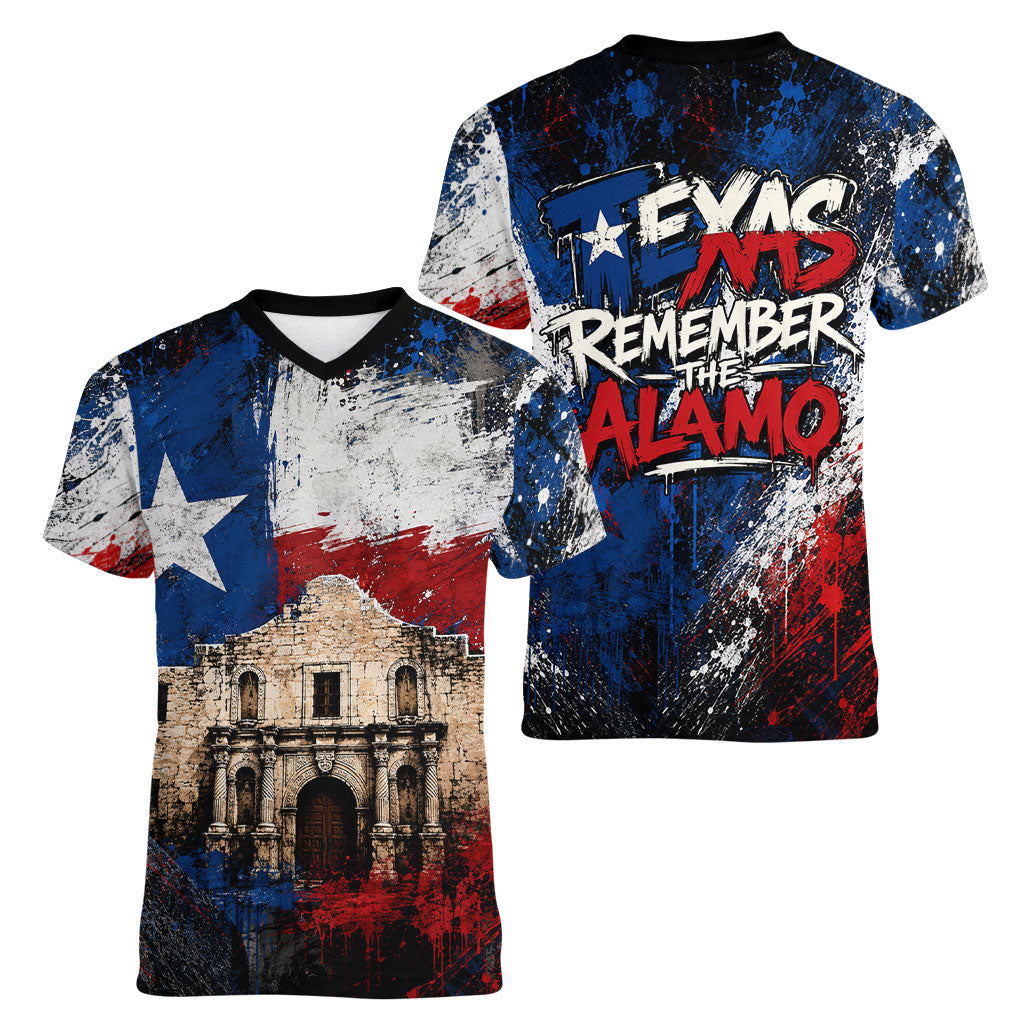 Texas Remember The Alamo Women V-Neck T-Shirt Distressed Splatter Paint Texan Pride