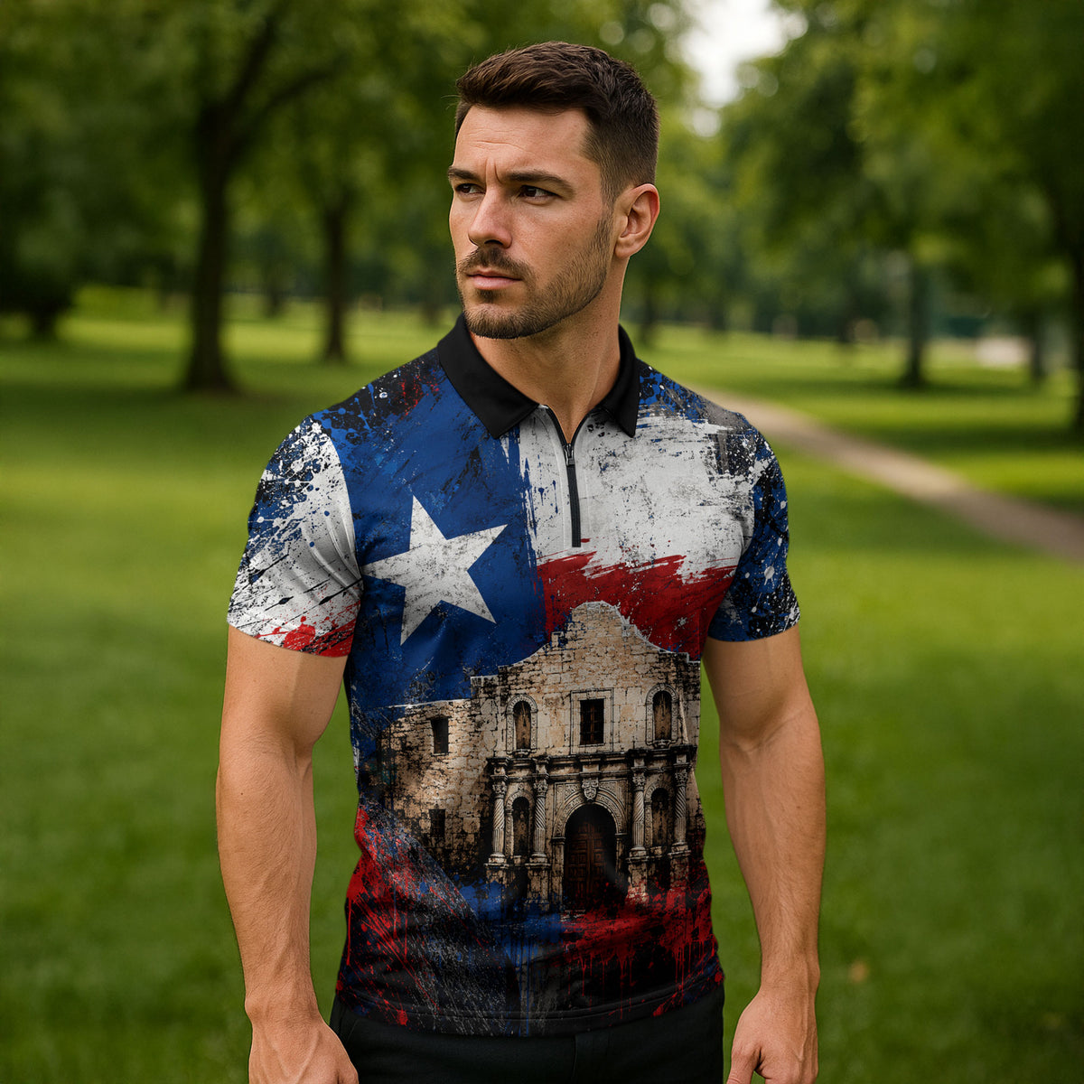Texas Remember The Alamo Zipper Polo Shirt Distressed Splatter Paint Texan Pride
