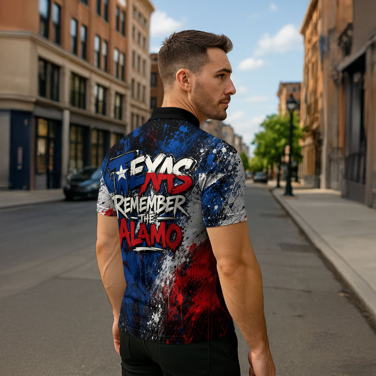Texas Remember The Alamo Zipper Polo Shirt Distressed Splatter Paint Texan Pride