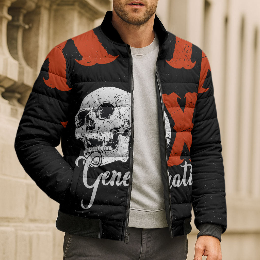 Generation X Skull Bomber Puffer Jacket Retro Distressed Grunge Edgy Nostalgia