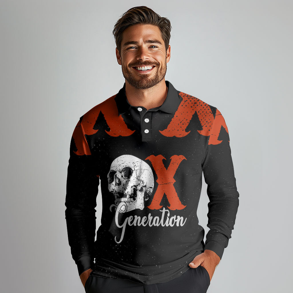 Generation X Skull Long Sleeve Polo Shirt Retro Distressed Grunge Edgy Nostalgia