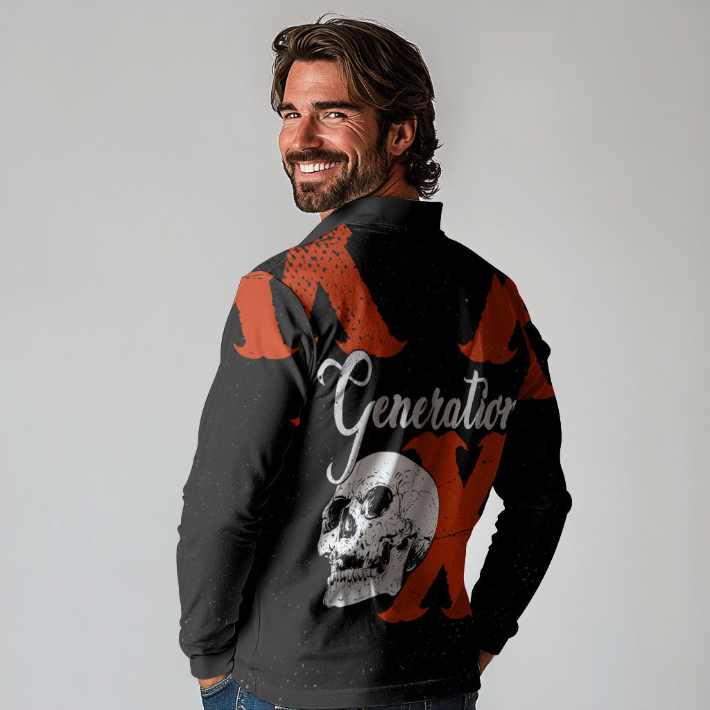Generation X Skull Long Sleeve Polo Shirt Retro Distressed Grunge Edgy Nostalgia