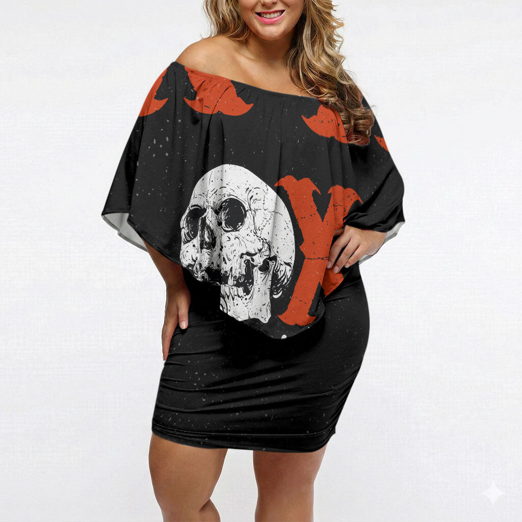 Generation X Skull Off Shoulder Short Dress Retro Distressed Grunge Edgy Nostalgia