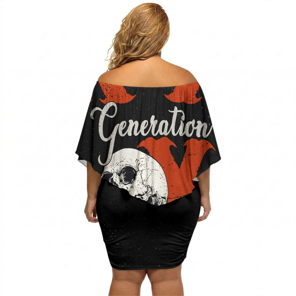 Generation X Skull Off Shoulder Short Dress Retro Distressed Grunge Edgy Nostalgia