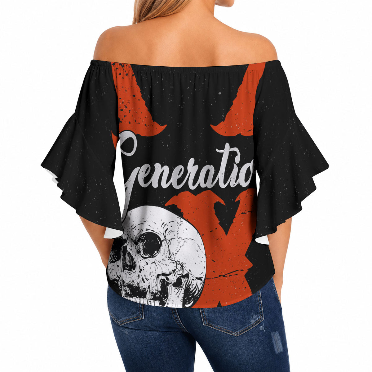 Generation X Skull Off Shoulder Wrap Waist Top Retro Distressed Grunge Edgy Nostalgia