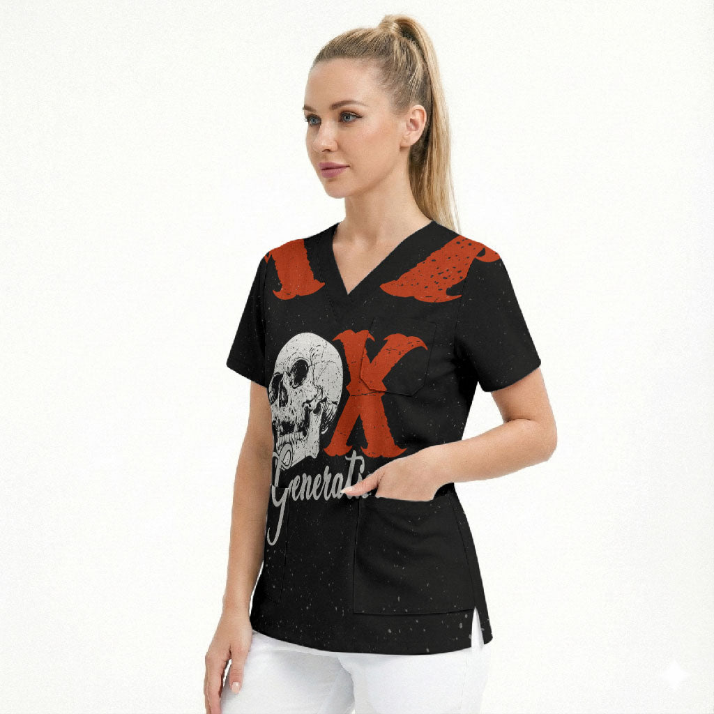 Generation X Skull Scrub Top Retro Distressed Grunge Edgy Nostalgia