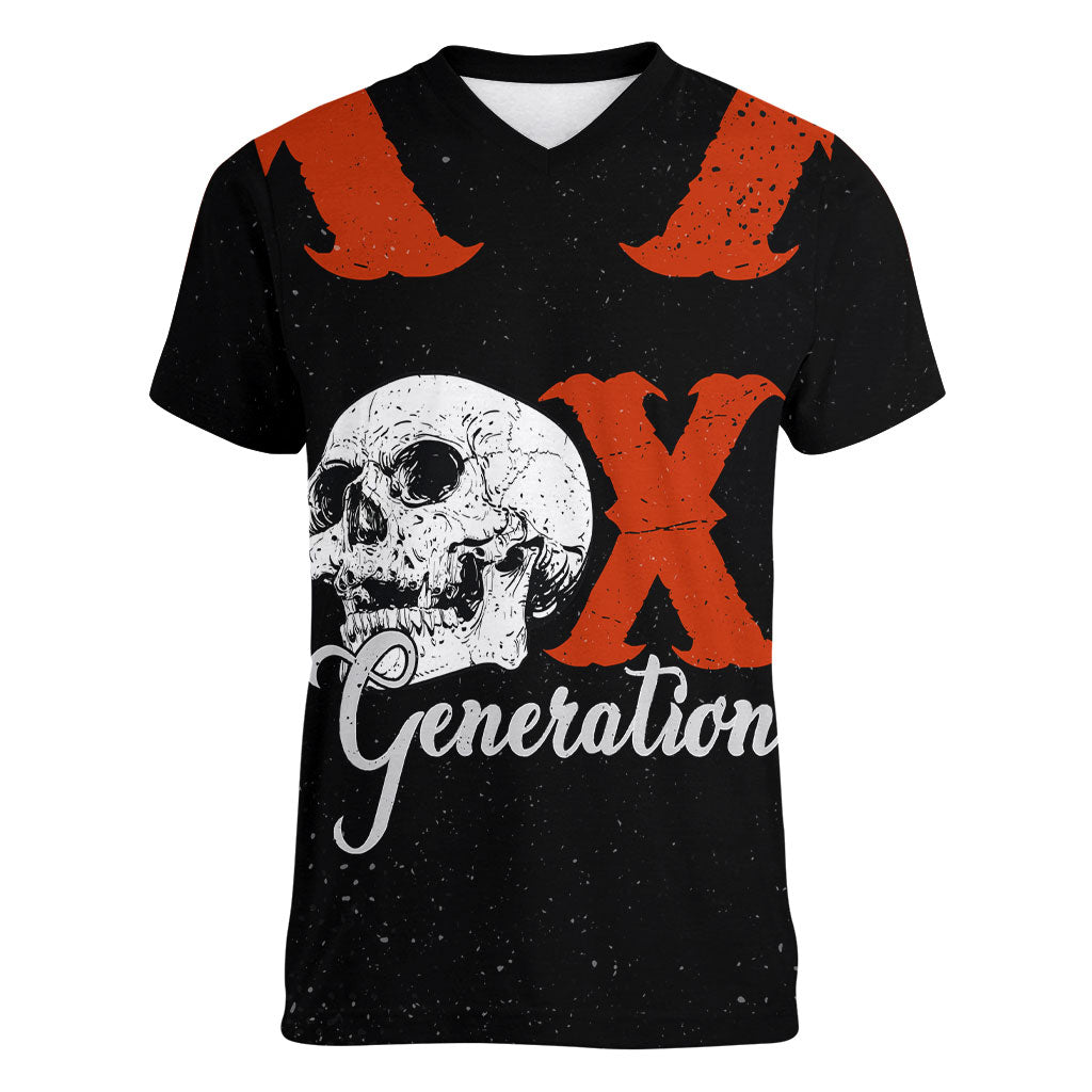 Generation X Skull Women V-Neck T-Shirt Retro Distressed Grunge Edgy Nostalgia