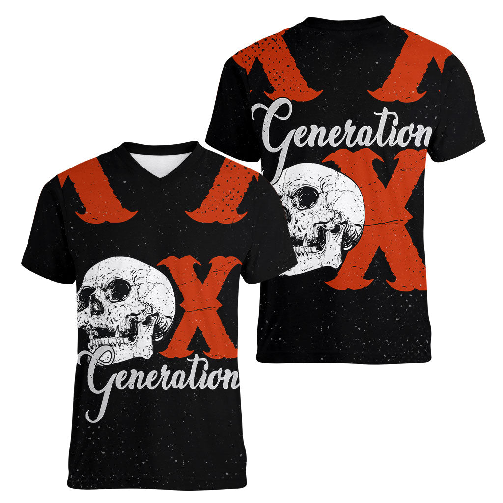 Generation X Skull Women V-Neck T-Shirt Retro Distressed Grunge Edgy Nostalgia