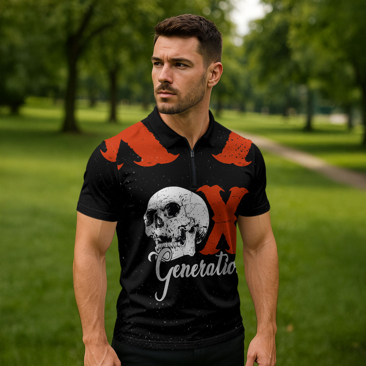Generation X Skull Zipper Polo Shirt Retro Distressed Grunge Edgy Nostalgia