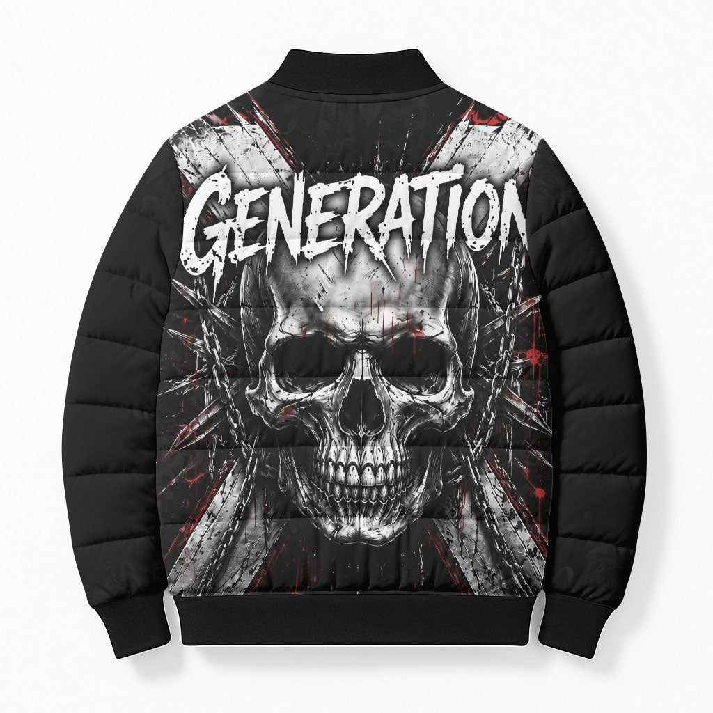 Generation X Skull Bomber Puffer Jacket Distressed Heavy Metal Grunge