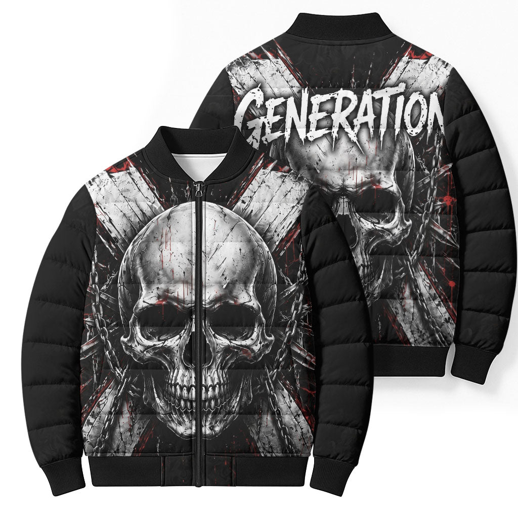 Generation X Skull Bomber Puffer Jacket Distressed Heavy Metal Grunge