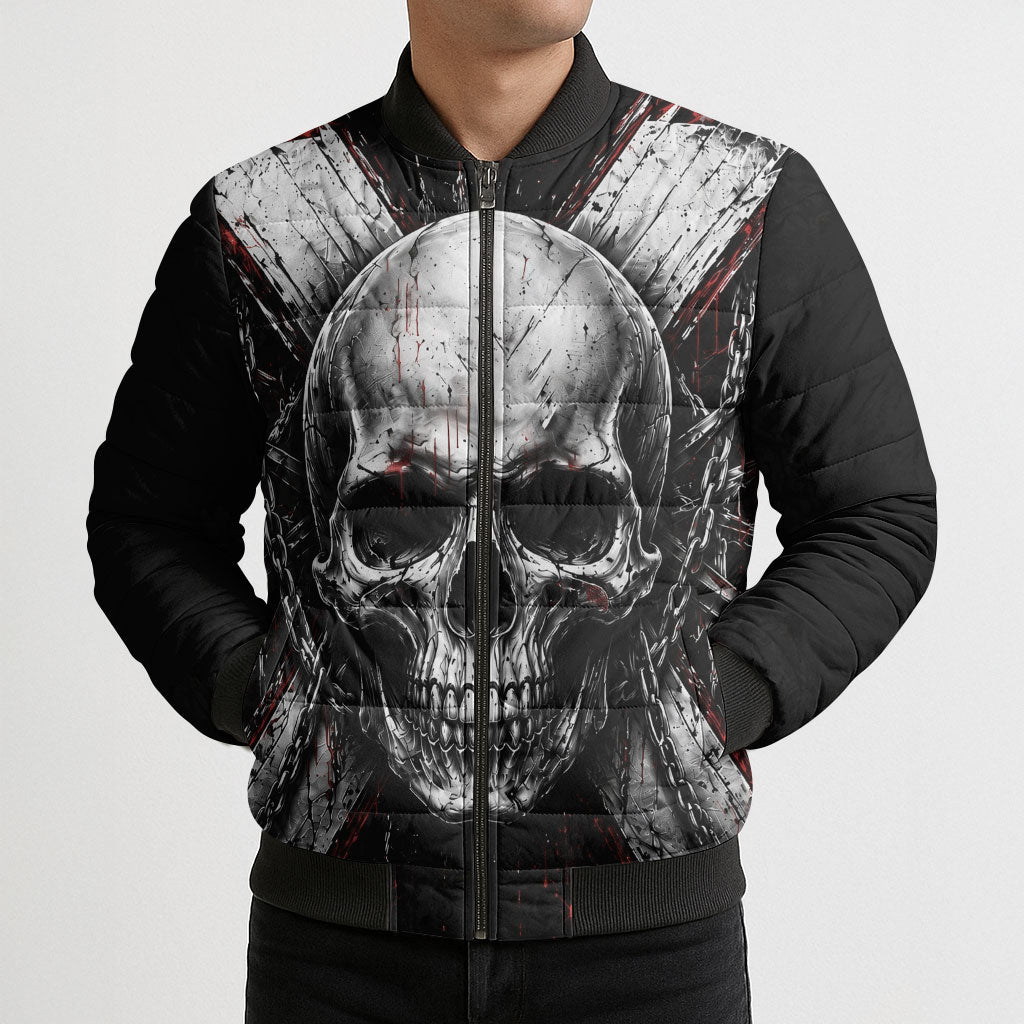 Generation X Skull Bomber Puffer Jacket Distressed Heavy Metal Grunge