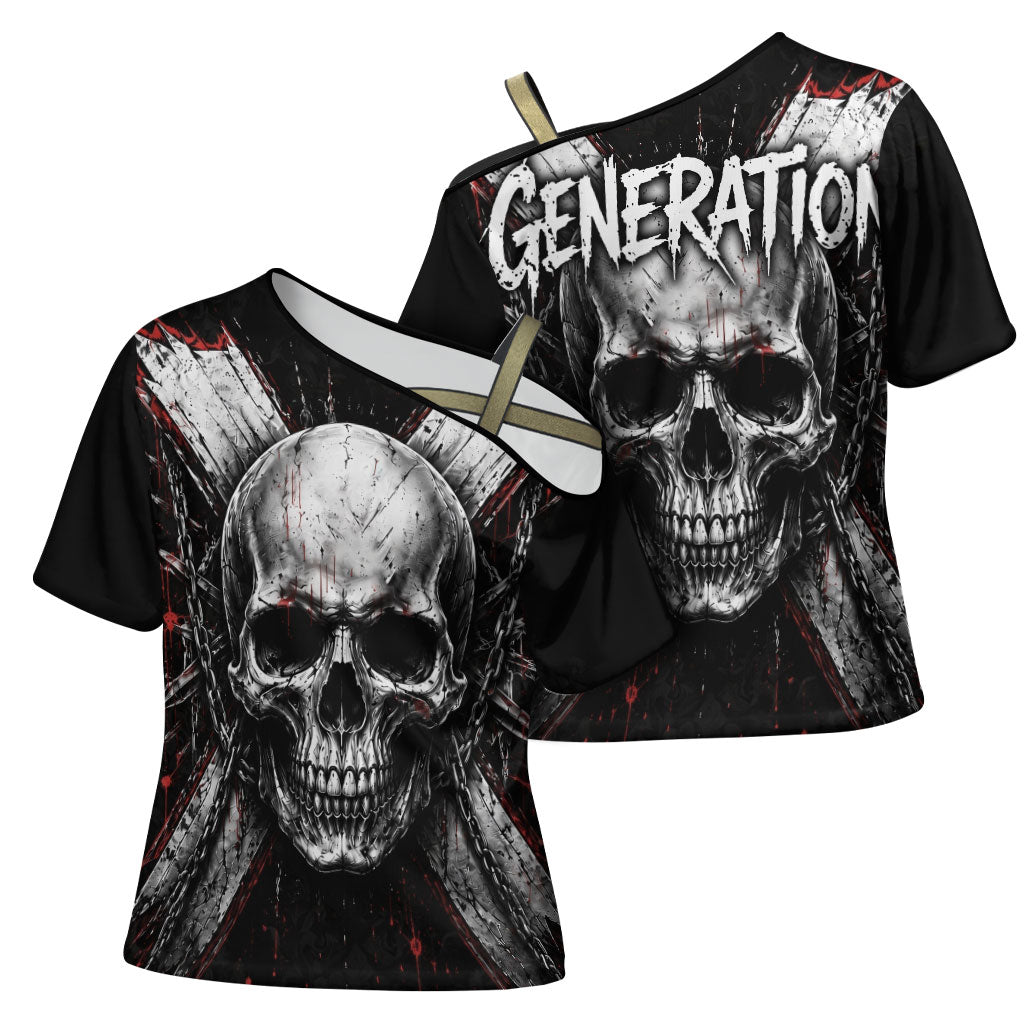 Generation X Skull Cross Shoulder Shirt Distressed Heavy Metal Grunge