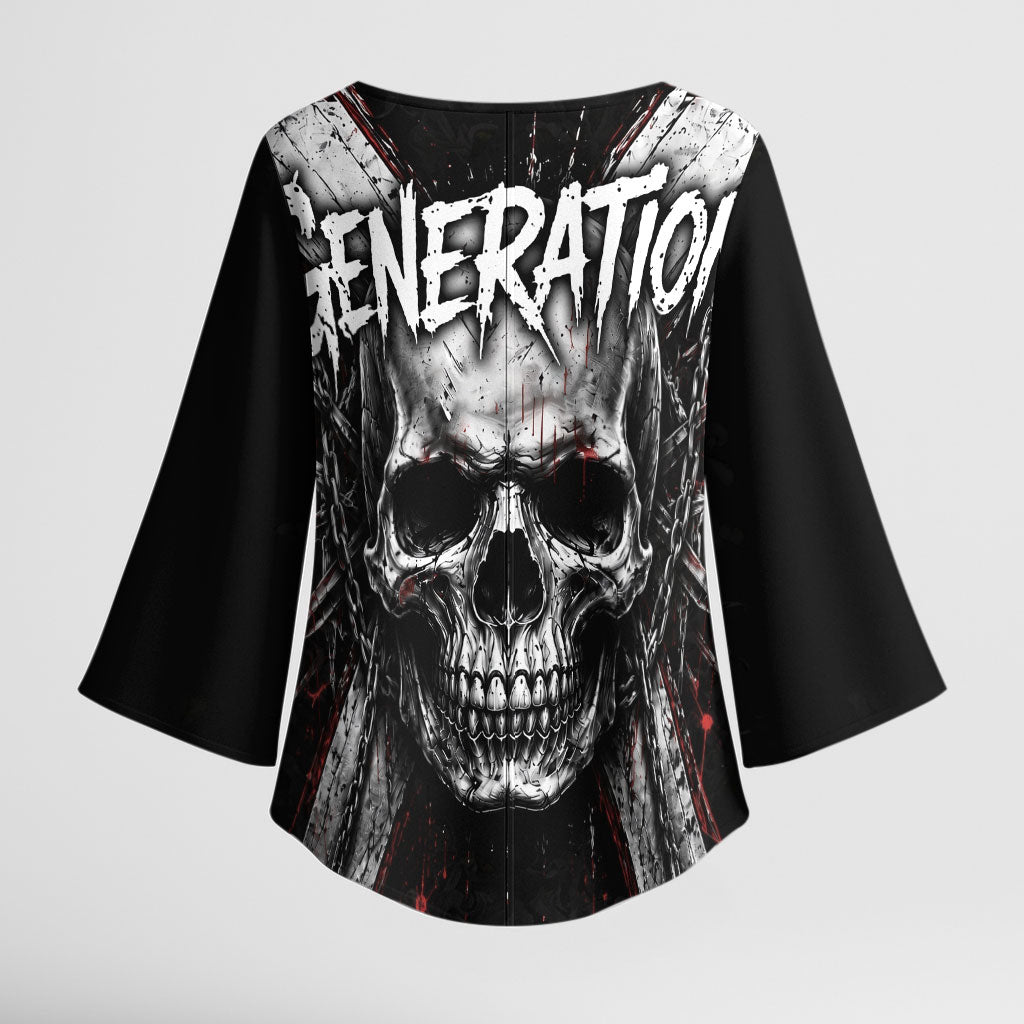 Generation X Skull Kimono Sleeve Blouse Distressed Heavy Metal Grunge