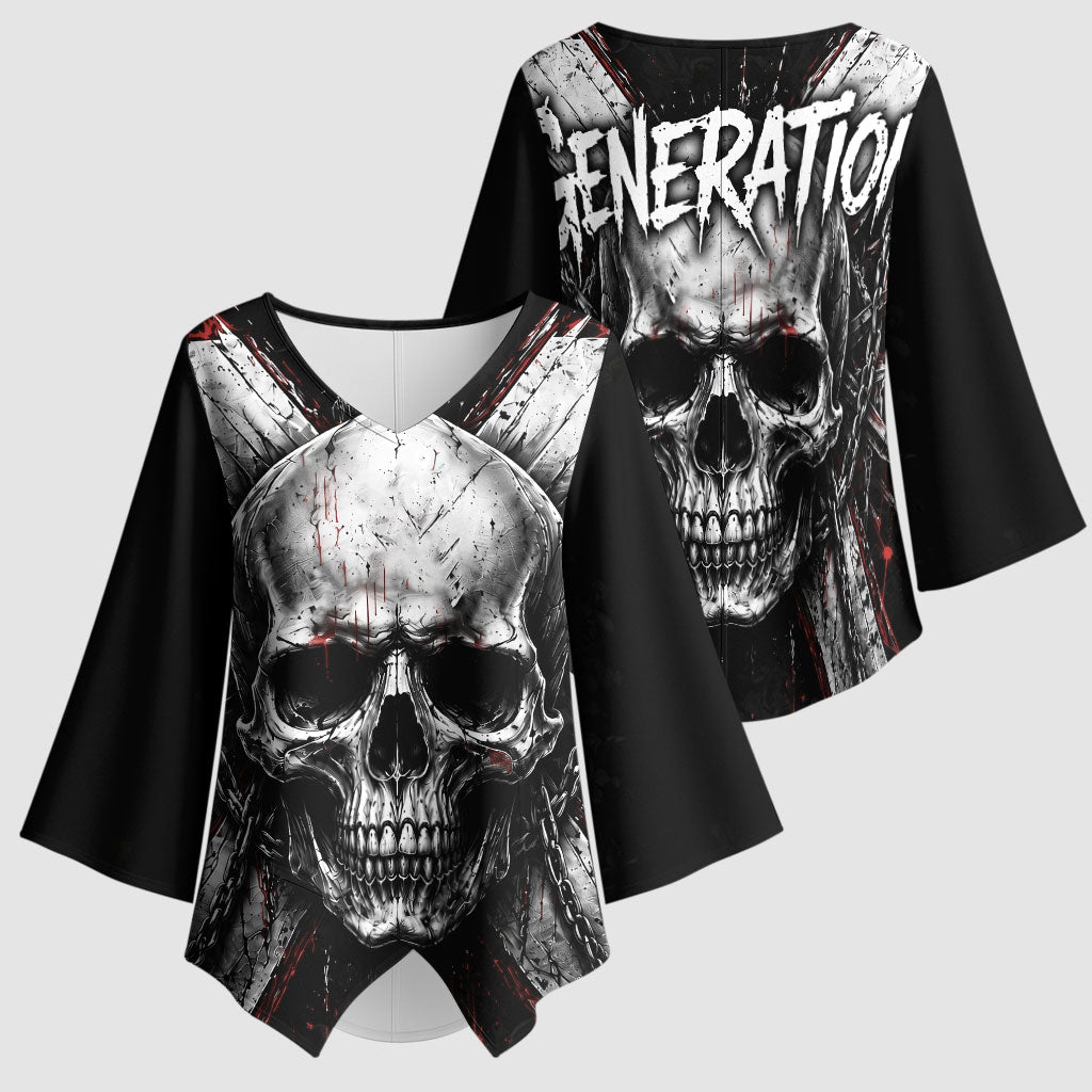 Generation X Skull Kimono Sleeve Blouse Distressed Heavy Metal Grunge
