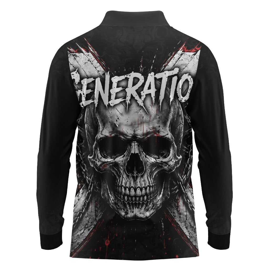 Generation X Skull Long Sleeve Polo Shirt Distressed Heavy Metal Grunge