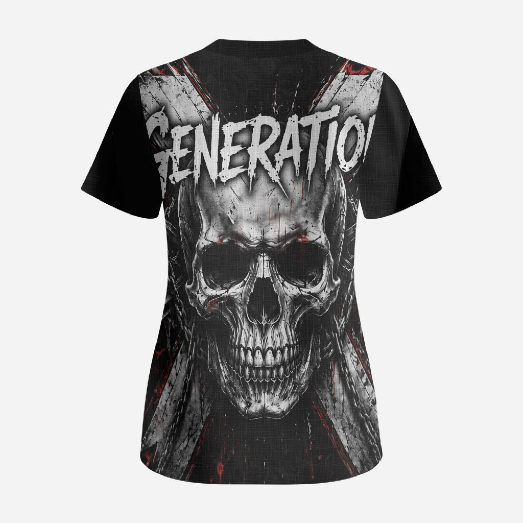 Generation X Skull Scrub Top Distressed Heavy Metal Grunge