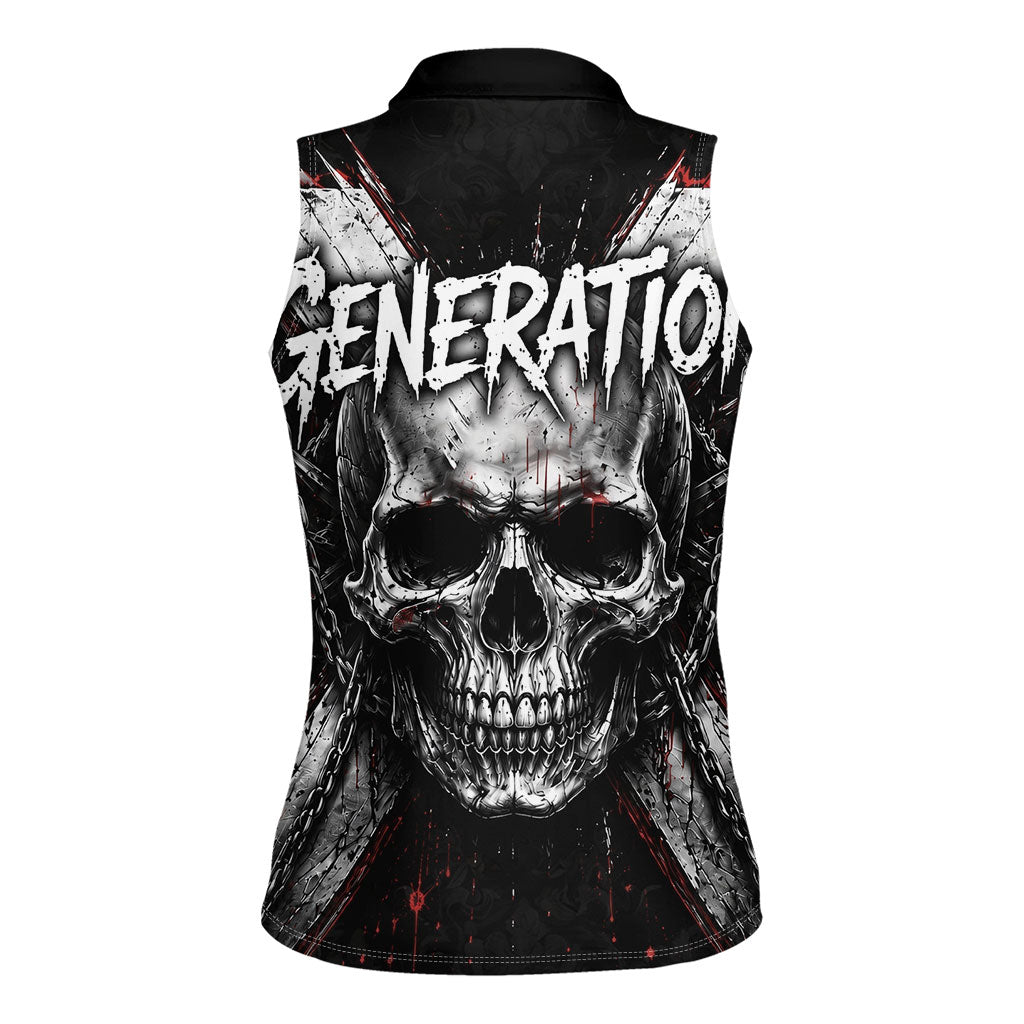 Generation X Skull Women Sleeveless Polo Shirt Distressed Heavy Metal Grunge