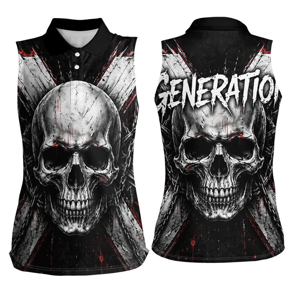 Generation X Skull Women Sleeveless Polo Shirt Distressed Heavy Metal Grunge