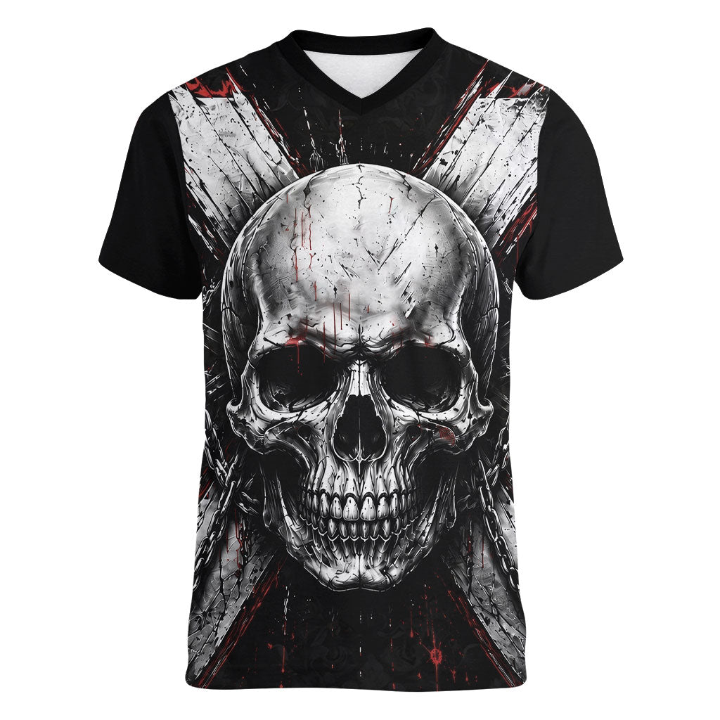 Generation X Skull Women V-Neck T-Shirt Distressed Heavy Metal Grunge
