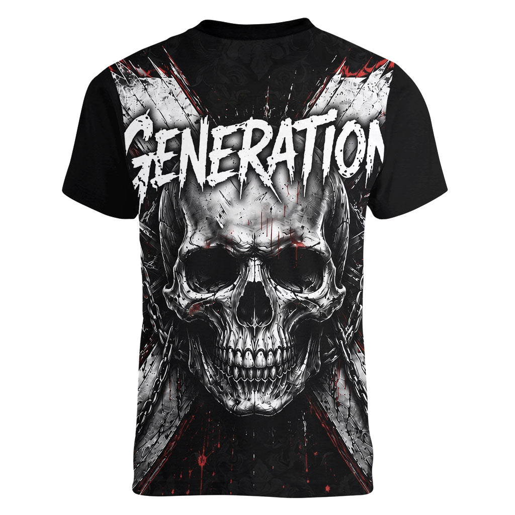 Generation X Skull Women V-Neck T-Shirt Distressed Heavy Metal Grunge