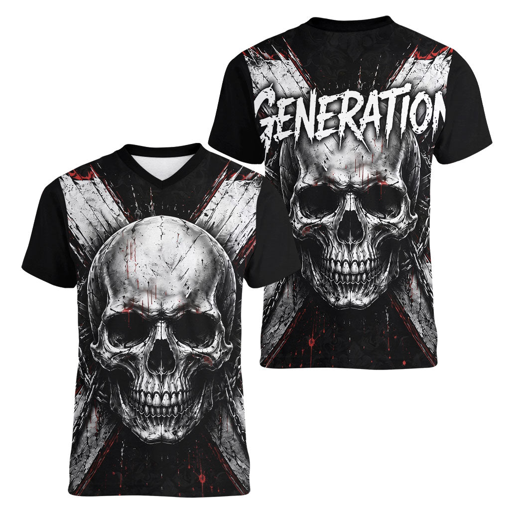 Generation X Skull Women V-Neck T-Shirt Distressed Heavy Metal Grunge