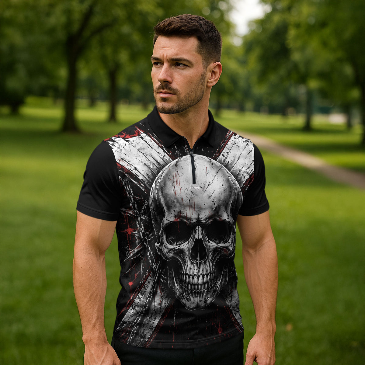 Generation X Skull Zipper Polo Shirt Distressed Heavy Metal Grunge