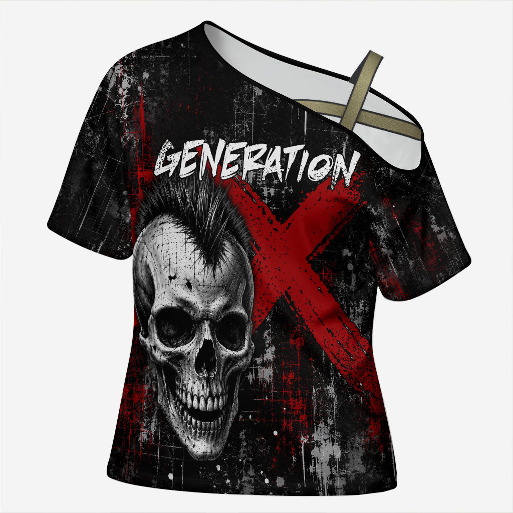 Generation X Mohawk Skull Cross Shoulder Shirt Distressed Punk Rock Grunge