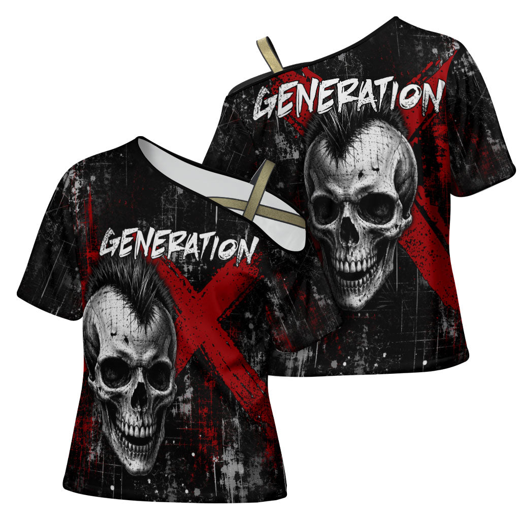Generation X Mohawk Skull Cross Shoulder Shirt Distressed Punk Rock Grunge