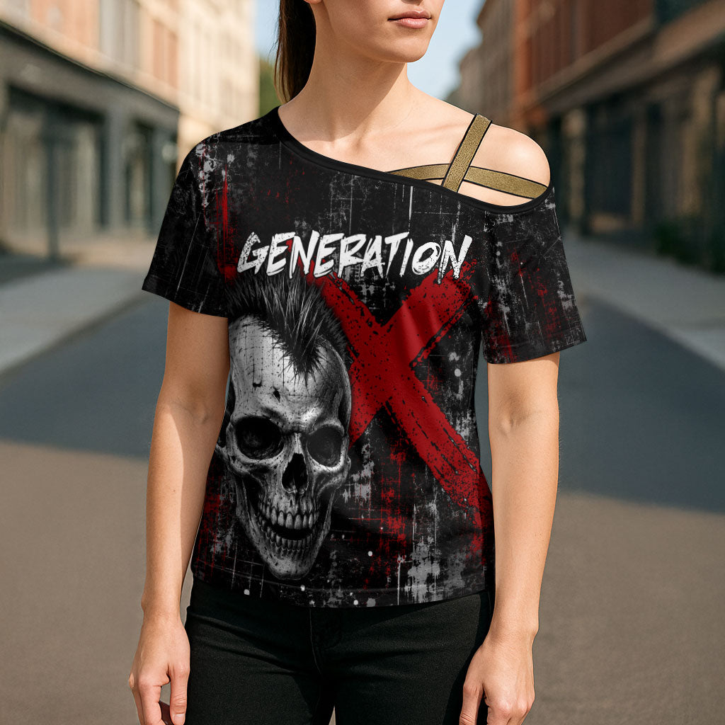 Generation X Mohawk Skull Cross Shoulder Shirt Distressed Punk Rock Grunge
