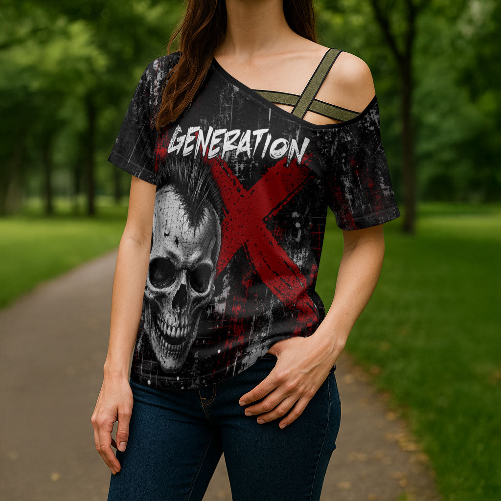 Generation X Mohawk Skull Cross Shoulder Shirt Distressed Punk Rock Grunge